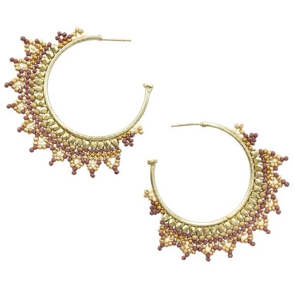 Brown Lace Look Seed Bead Lace Look Flair Gold Statement Hoop Earrings - Picture 1 of 3